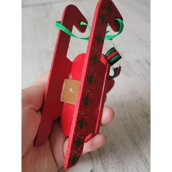 Red wooden mini mistletoe Bells sled ornament Xmas decor - Picture 5 of 5